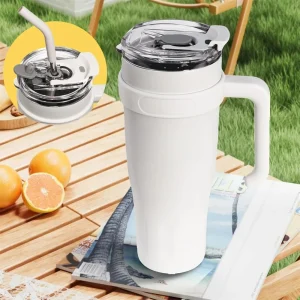 Gobelet isotherme en acier inoxydable 1 pièce, 38,55 oz, avec poignée et paille, garde au froid pendant 24 heures, gobelet isotherme pour voiture, café, eau