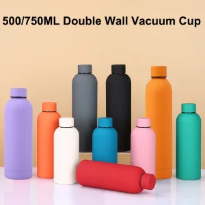Tasse thermos à petite bouche, bouteille en acier inoxydable pour l'extérieur, bouilloire de sport de peinture en caoutchouc, double tasse à eau épaissie, 500 ml, 750ml