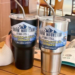 Tasse Thermos magique en acier inoxydable, avec paille, glace, café, boisson, bouteille isolée sous vide, voyage en voiture, tasse de montagne en plein air