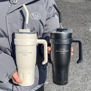 Tasse d'eau de grande capacité, tasse d'isolation de voiture de 38.55oz, tasse de paille de bureau Simple, gobelet à glace en acier inoxydable