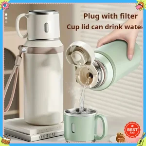 Bouteille d'eau isolée en acier inoxydable, bouteille d'eau chaude thermique 24 heures, avec tasse, tasse portative, conception portable étanche