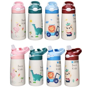 400ML enfants bouteille d'eau dessin animé Animal Thermos tasse bébé canard fourré paille 316 flacons sous vide en acier inoxydable Thermos bouteille